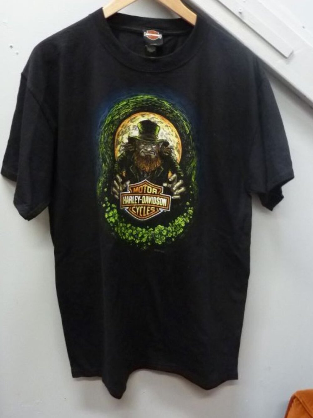 Harley-Davidson black t-shirt featuring a leprechaun. Size Large
